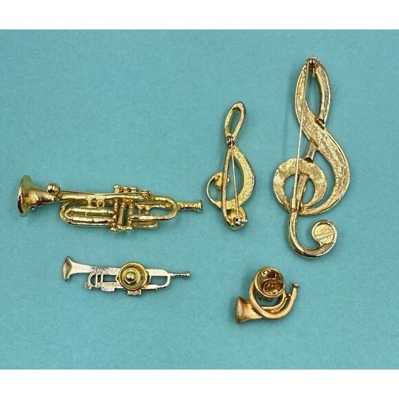 Vintage Gold Tone Music‎ Band Theme Brooch Pin Lot Of 5 Clef Trumpet Rhinestone - Picture 5 of 12
